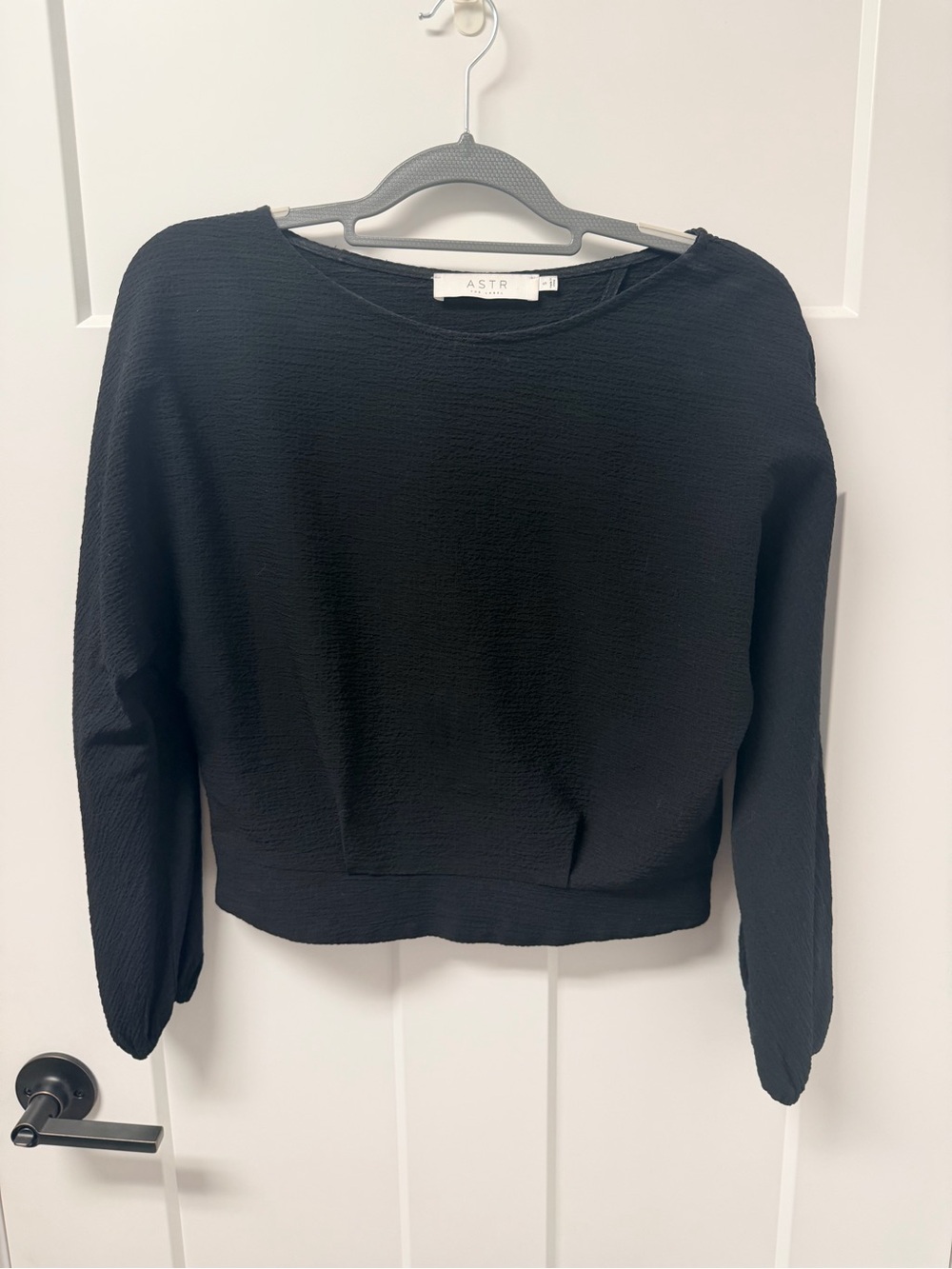 Astr Black Long-Sleeve Textured Boatneck Crop Top